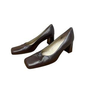 Kenneth Cole Brown Leather Square Toe Block Heel Pumps Size 9 Classic Work